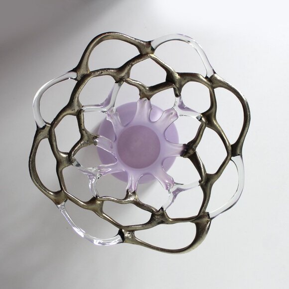 M Duca Hand Blown Mid-Century Glass Lattice Web Vase Gold Lavender Signed - Picture 2 of 16